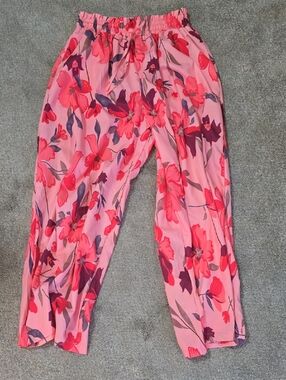 Pink Floral Wide-Leg Drawstring Pants